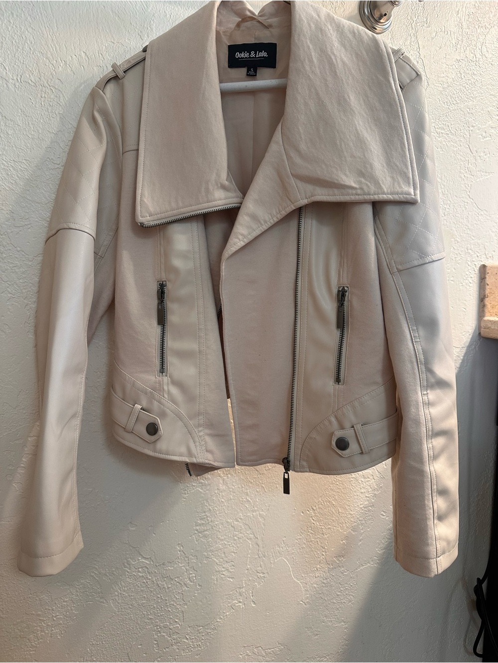 Cream Faux Leather Moto Jacket